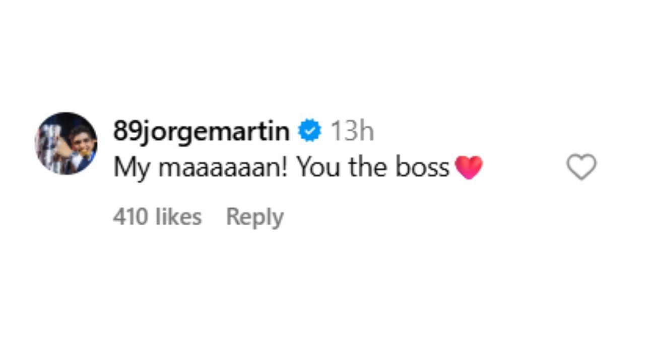 Snapshot of Jorge Martin's comment on Lando Norris's post...Credits-Instagram